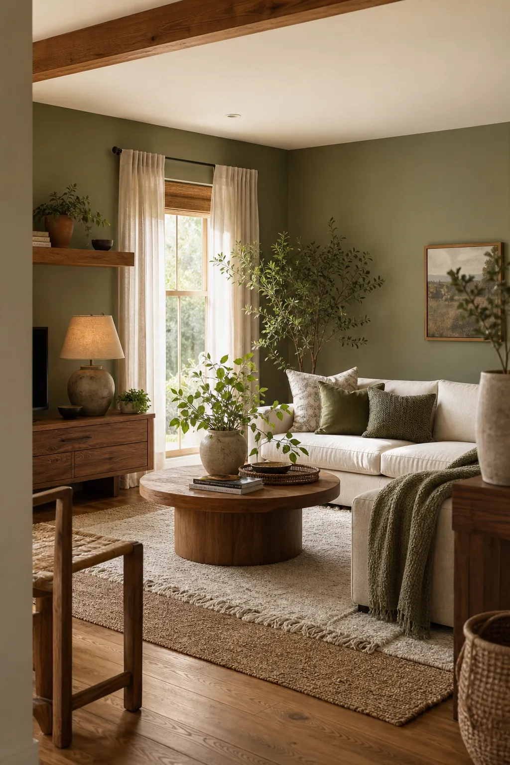 Cozy wood and green living room with natural home decor