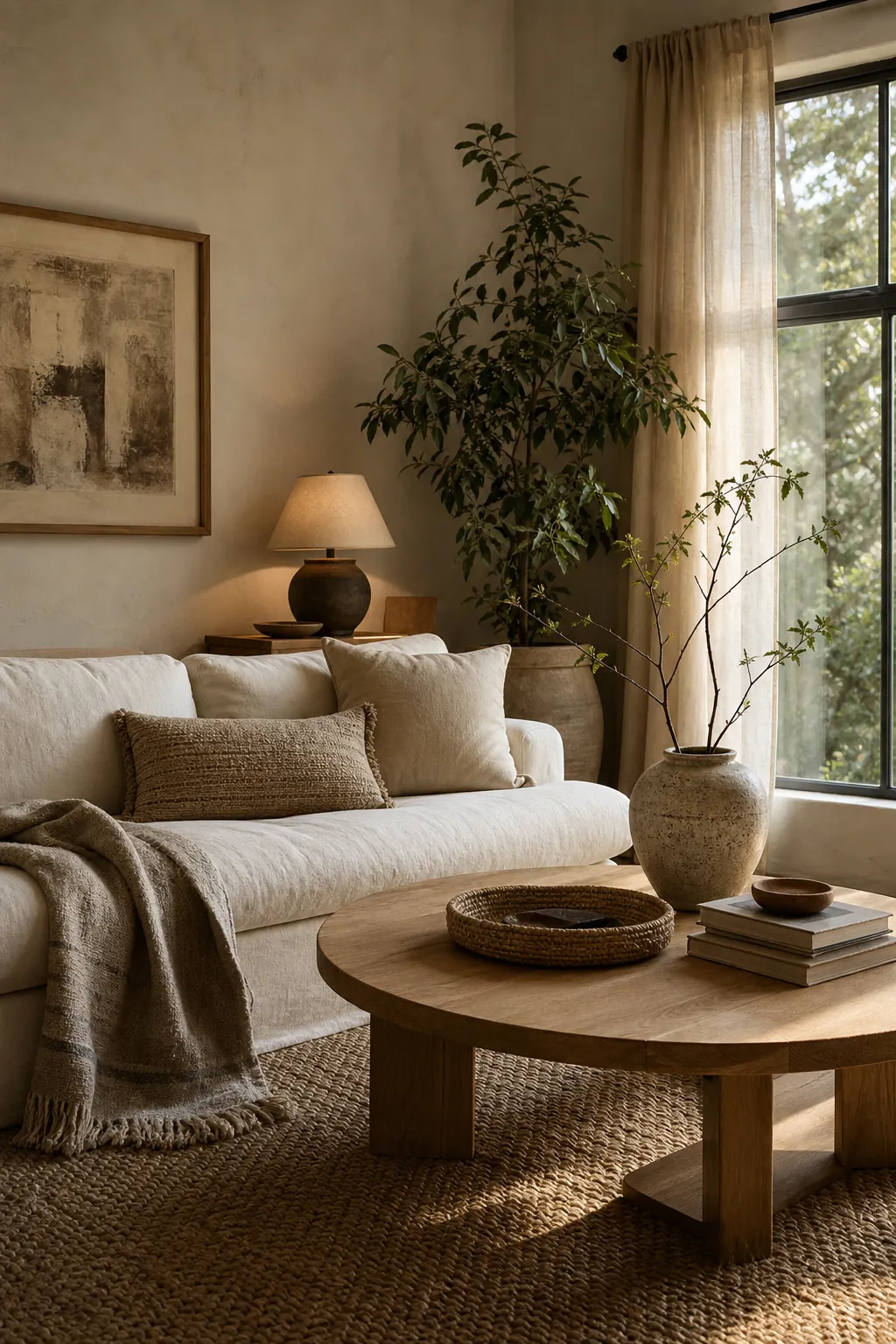 Soft modern living room with natural wood decor, linen textures, greenery, and warm neutral tones