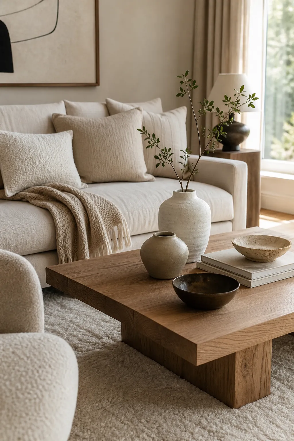 Warm neutral living room styled with beige accent decor