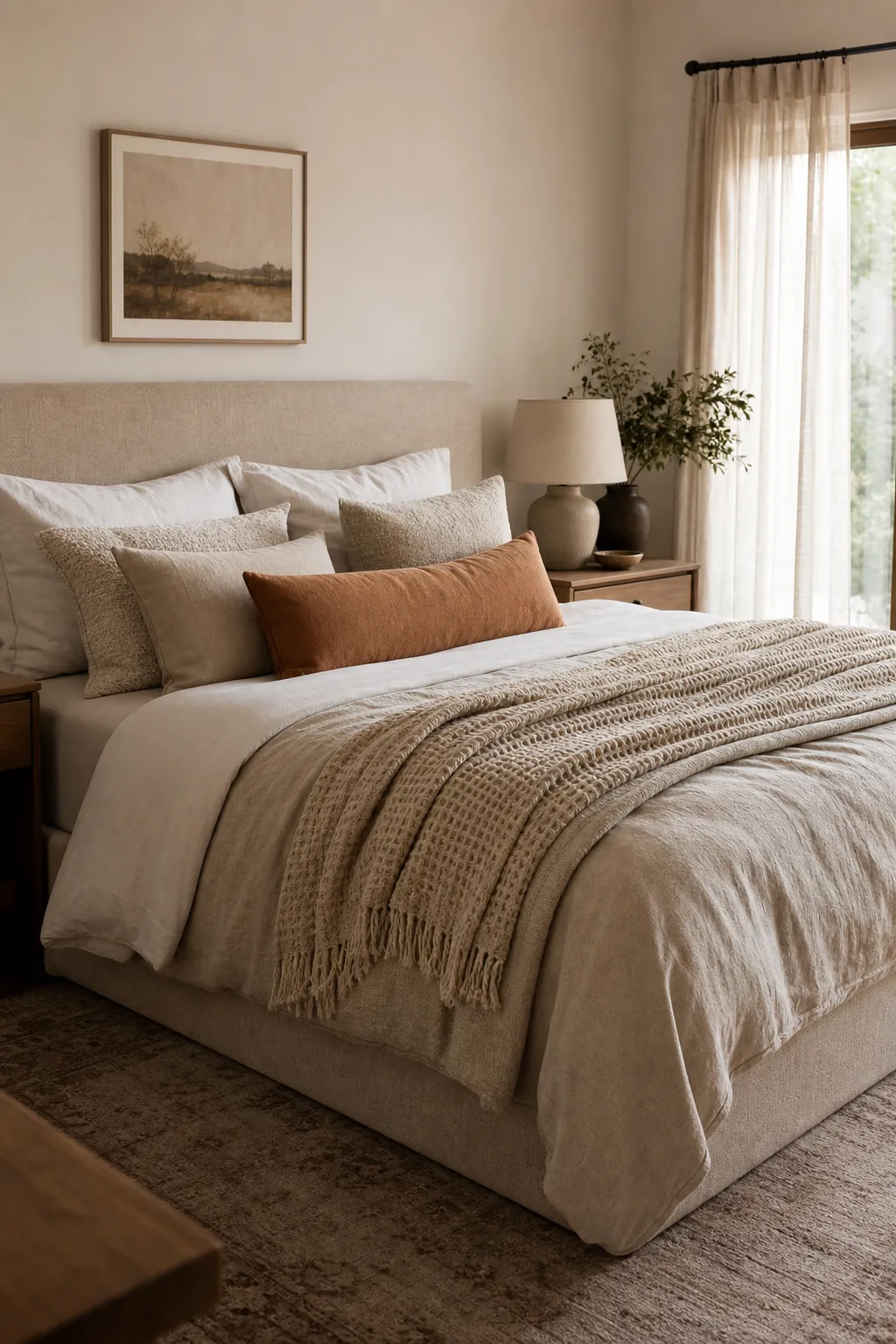 Beautiful beige bed styled with layered pillows and a textured throw blanket