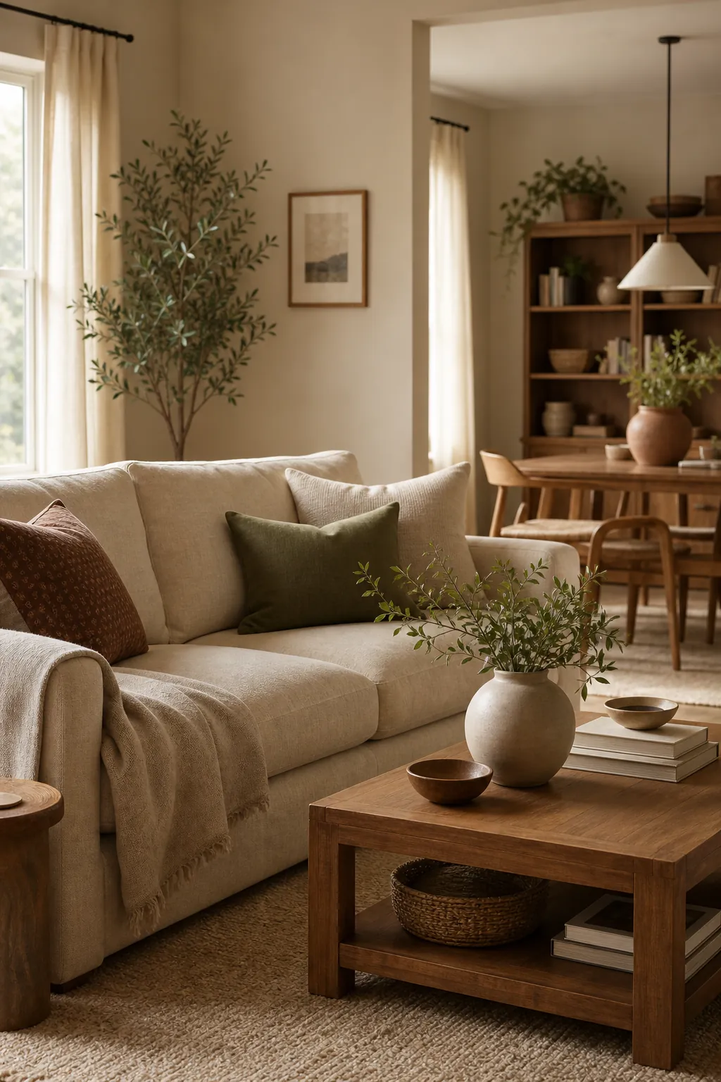 Warm beige home decor with soft neutral layers, wood accents, and cozy everyday styling