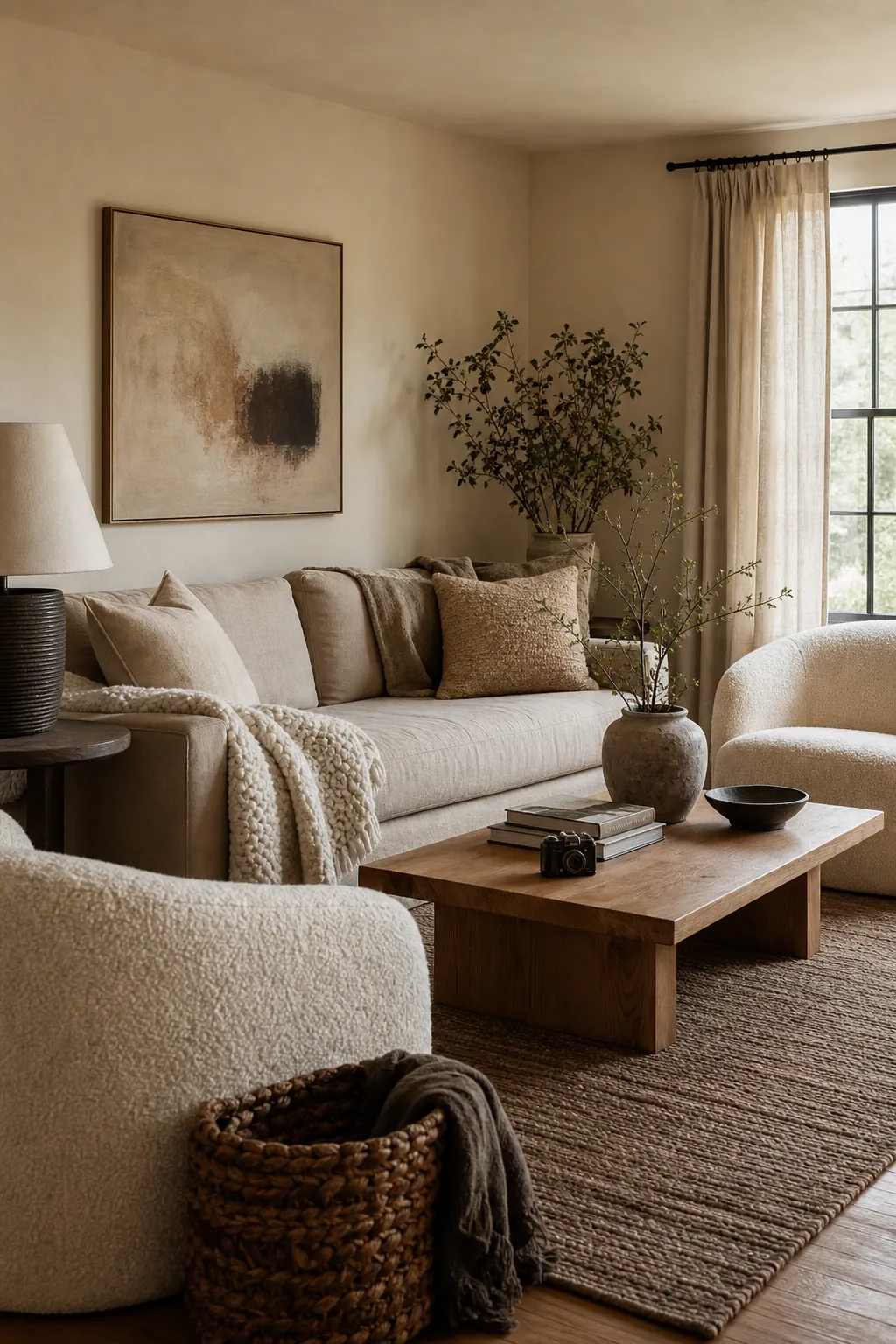 Beige and cream living room with layered warm neutrals and textured decor