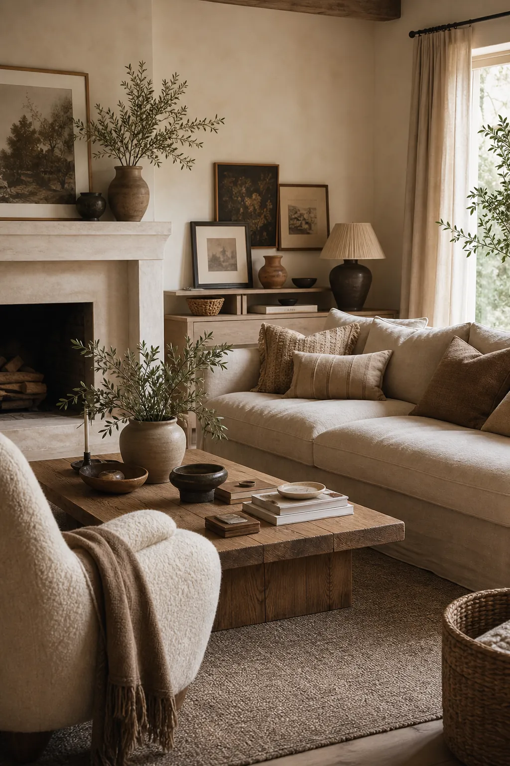 Layered beige and cream living room with warm neutrals, textured decor, and personal styling