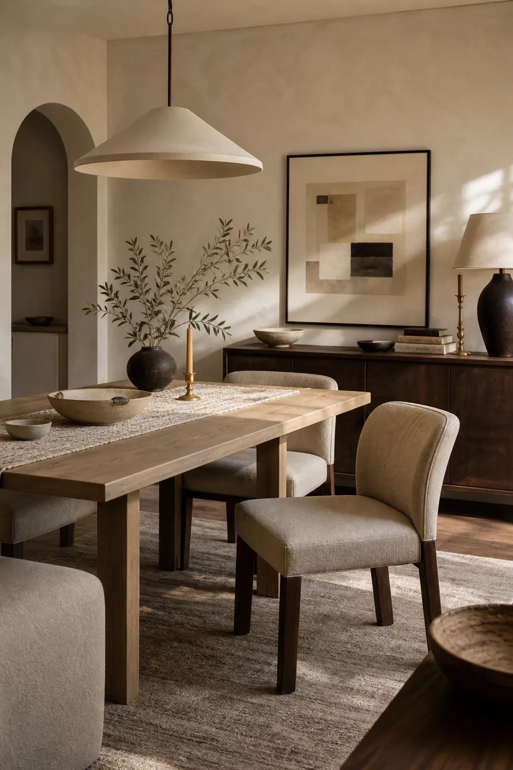 Cream and beige dining room with sculptural lighting, warm wood, and quiet contrast