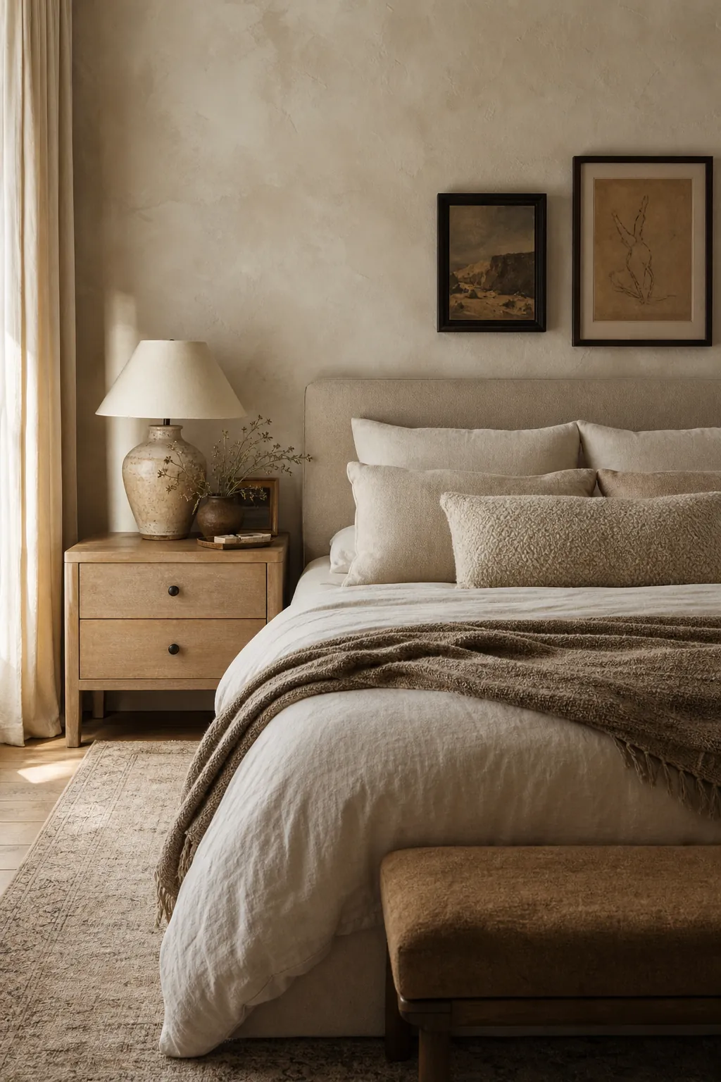 Beige and cream bedroom with layered bedding, vintage art, warm neutrals, and personal styling