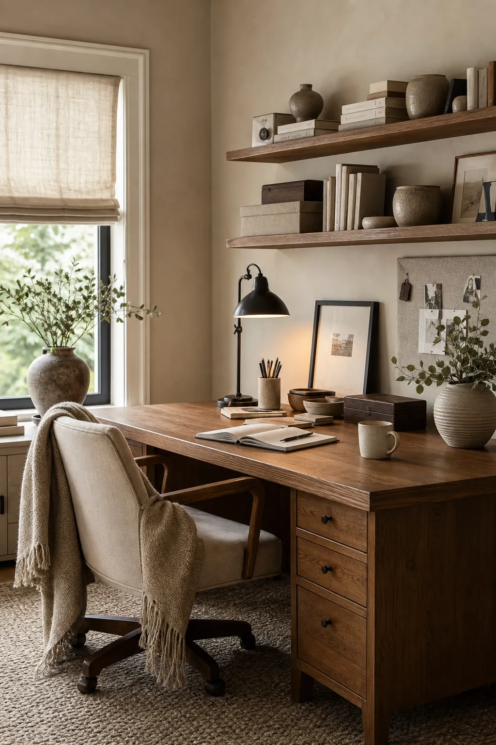 Warm neutral home office with beige and cream decor, collected shelves, and personal objects