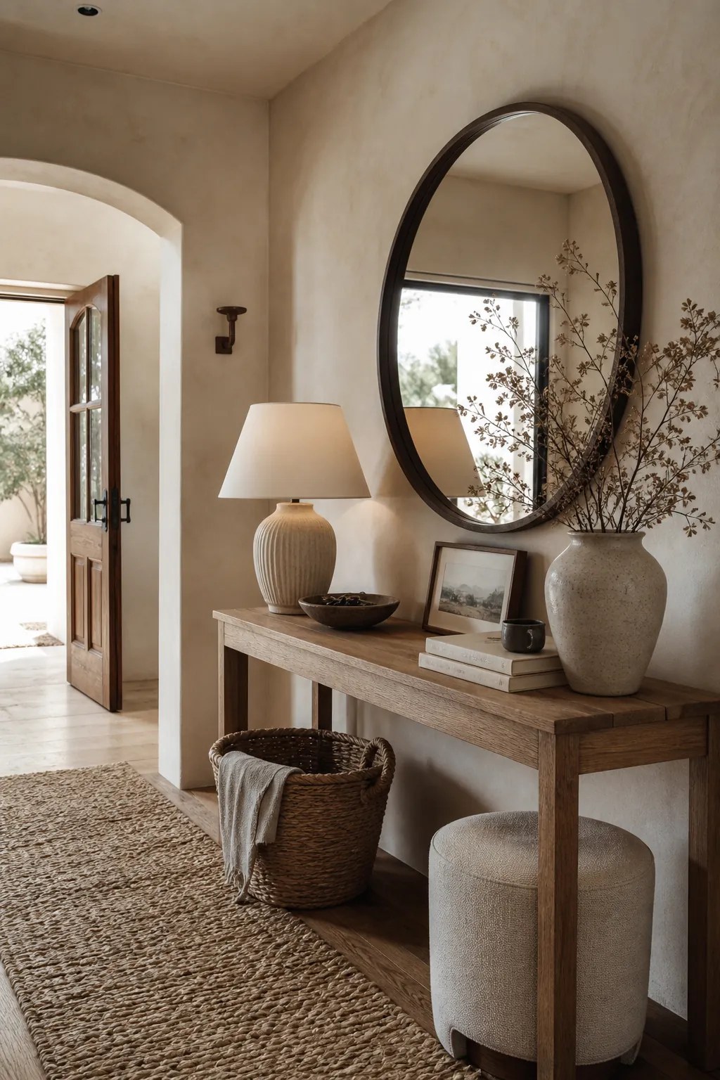 Beige and cream entryway with warm wood console, woven runner, mirror, and natural styling