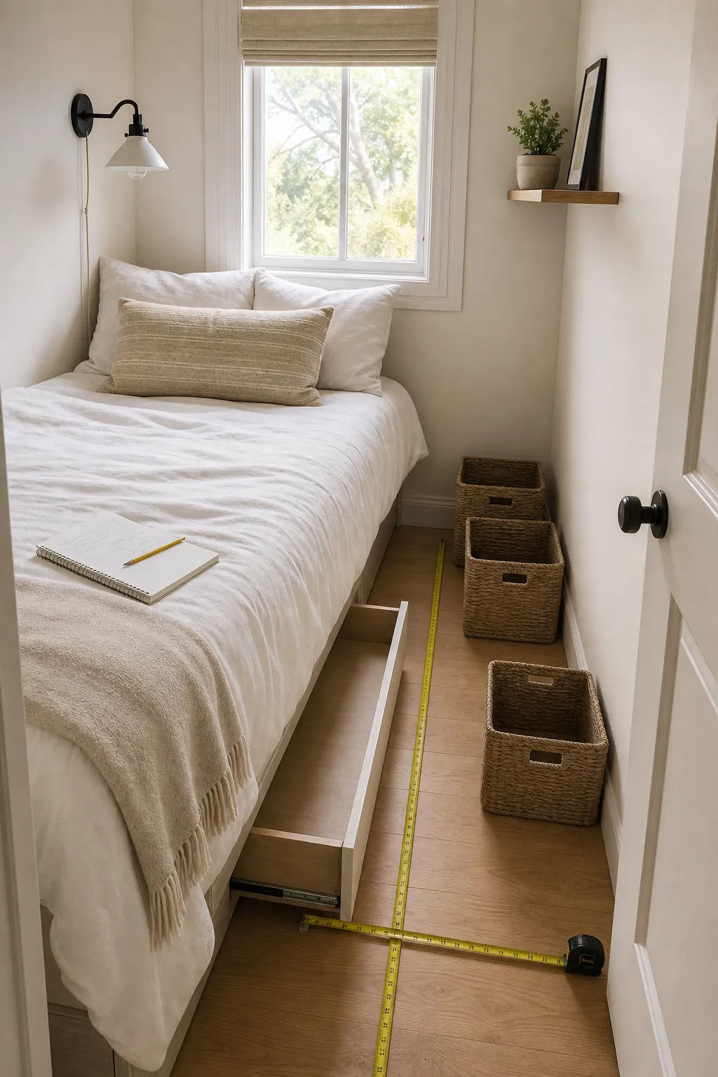 Small bedroom measuring bed clearance before adding storage around the bed
