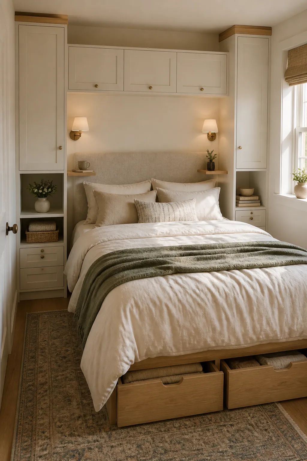 Small bedroom with smart storage around the bed
