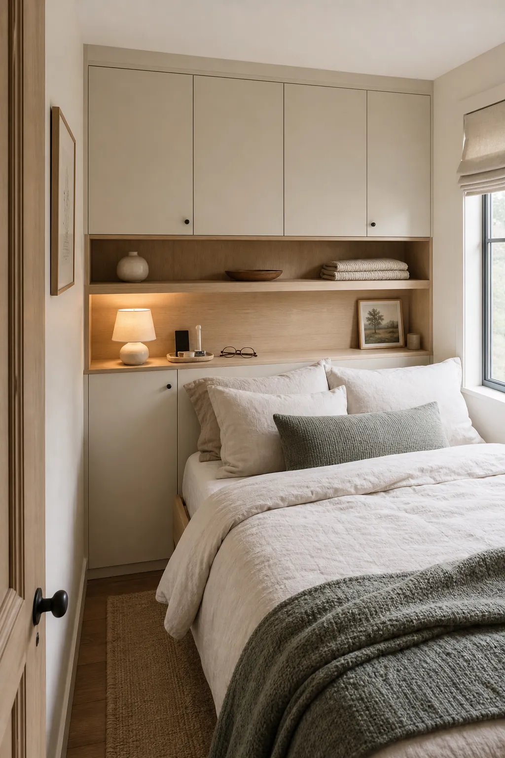 Storage headboard with shallow shelves in a compact bedroom