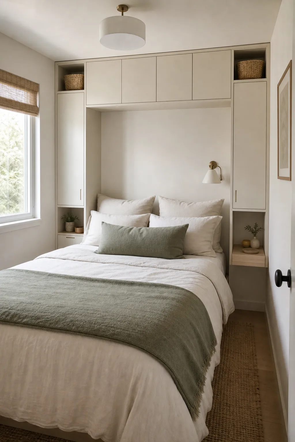 Over bed storage cabinets above a bed in a small room