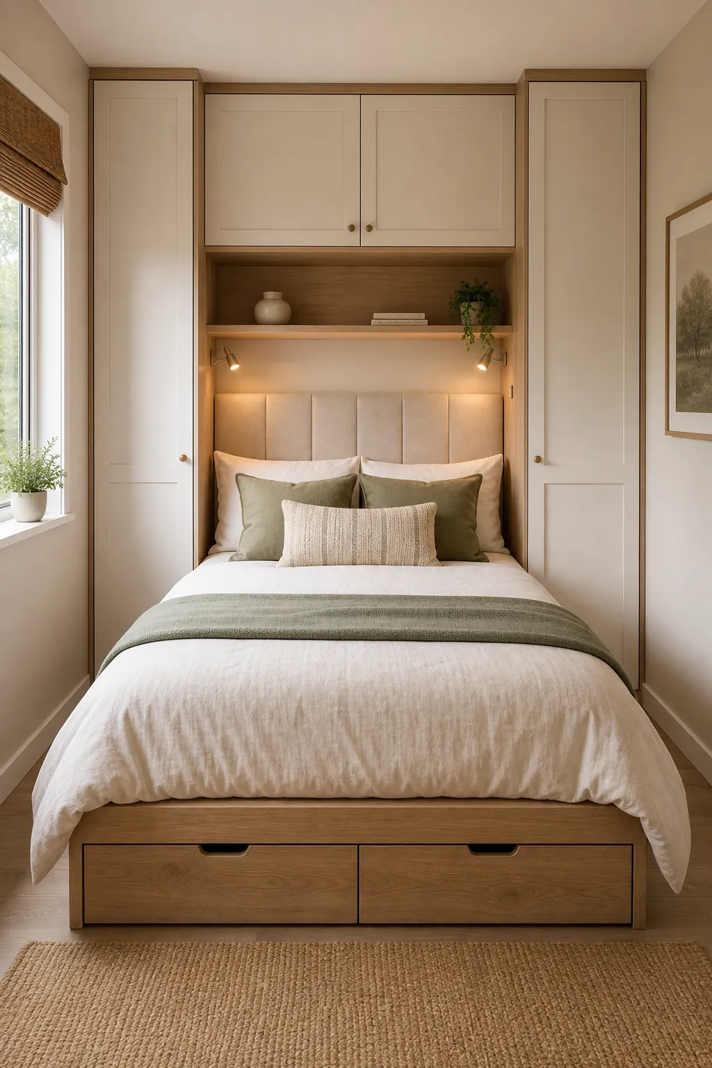 Calm built in storage around a bed in a compact bedroom