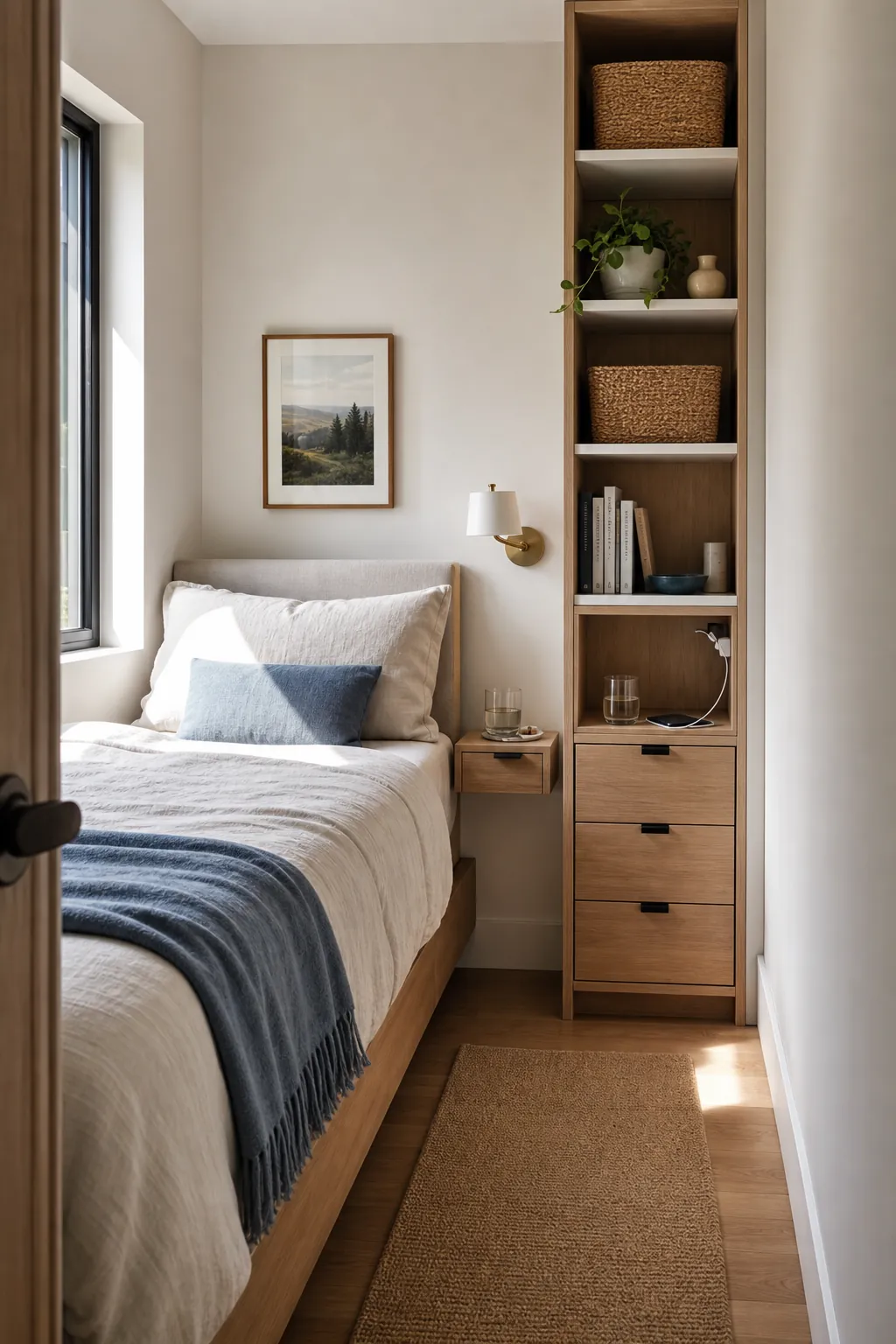 Narrow bedside storage shelves replacing nightstands in a small bedroom