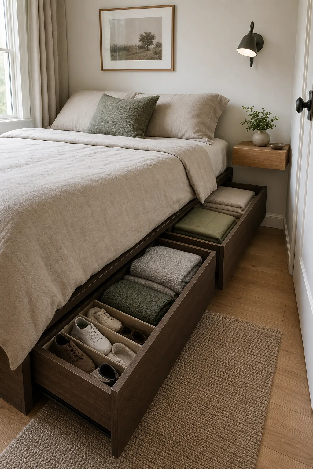 Under bed storage drawers for linens and seasonal clothes in a small bedroom