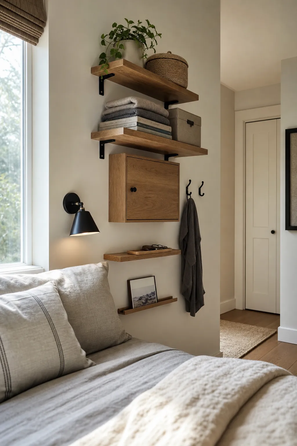 Floating shelf used as a wall mounted nightstand in a small bedroom