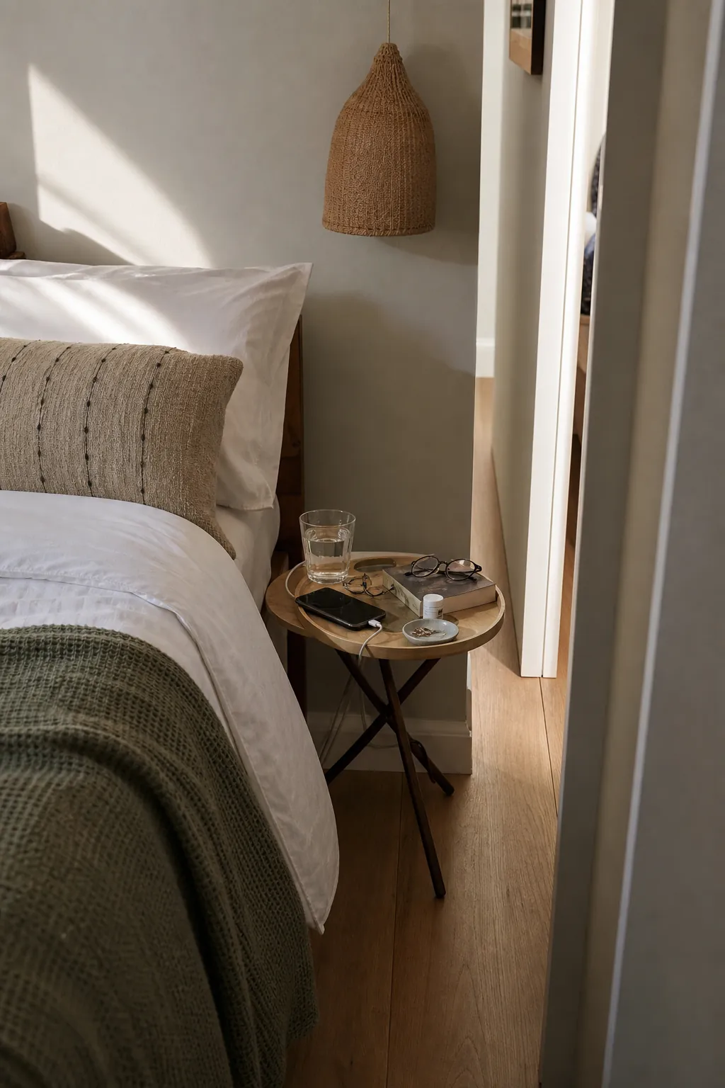 Small bedroom bedside essentials arranged beside a compact bed