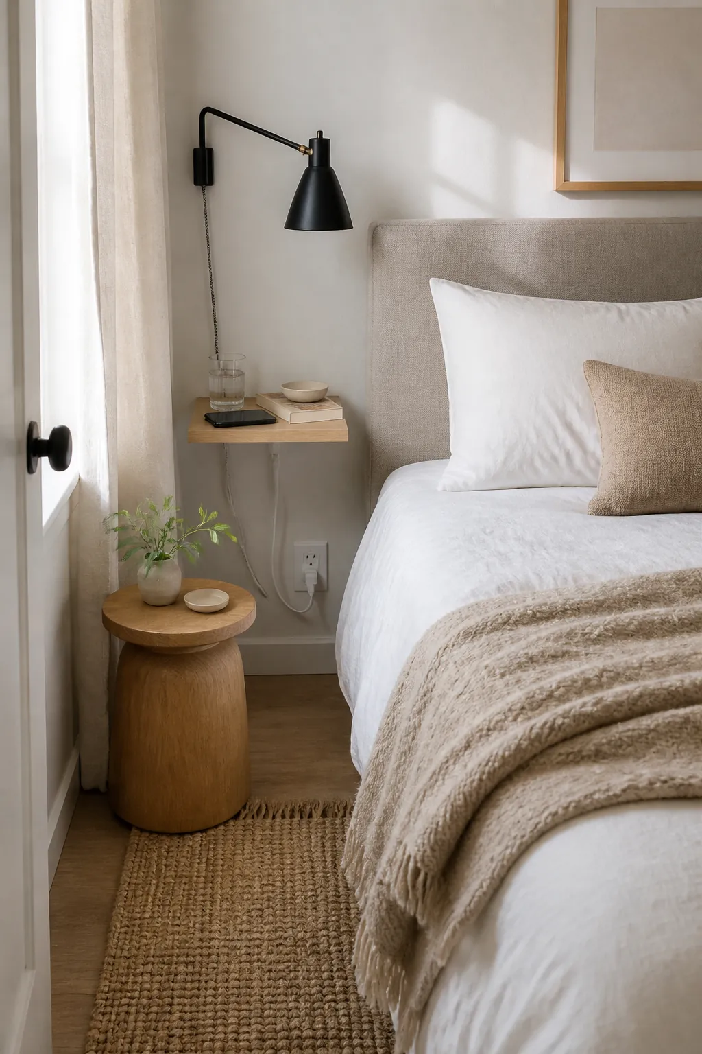 Small bedroom with space saving nightstand alternatives and warm bedside styling