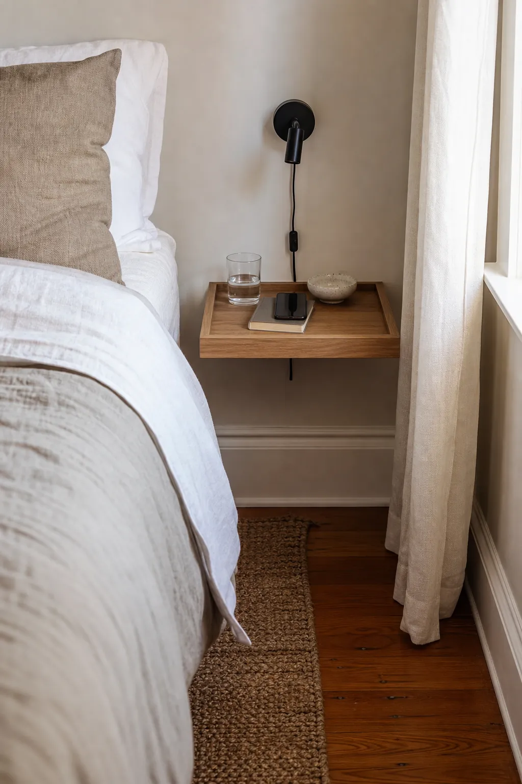 Wall mounted nightstand with drawer beside a bed in a tight bedroom