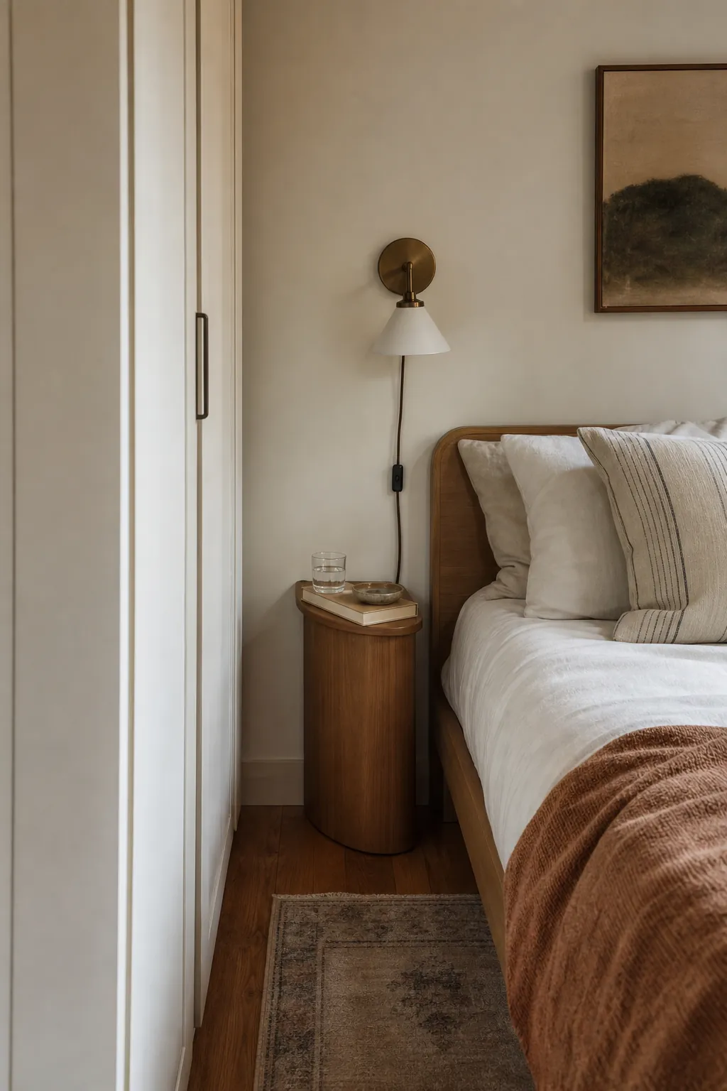 Narrow bedside table alternative styled in a tight space bedroom