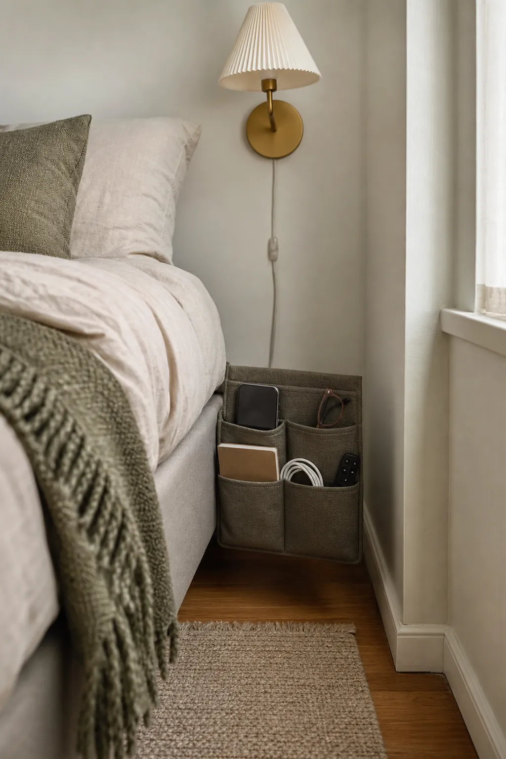 Bedside caddy storage for bedroom organization in a small room
