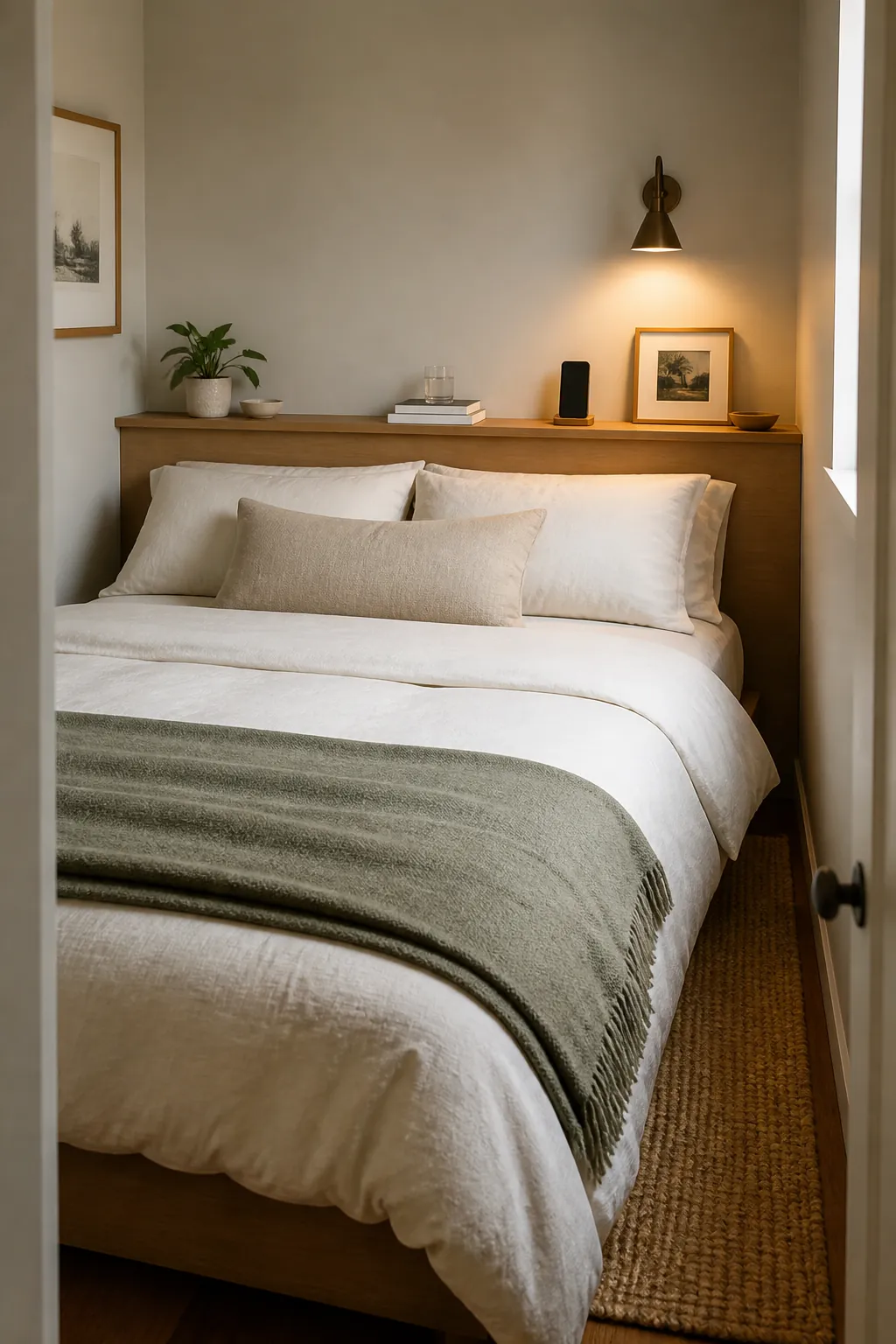 Headboard shelf providing bedside storage in a compact bedroom