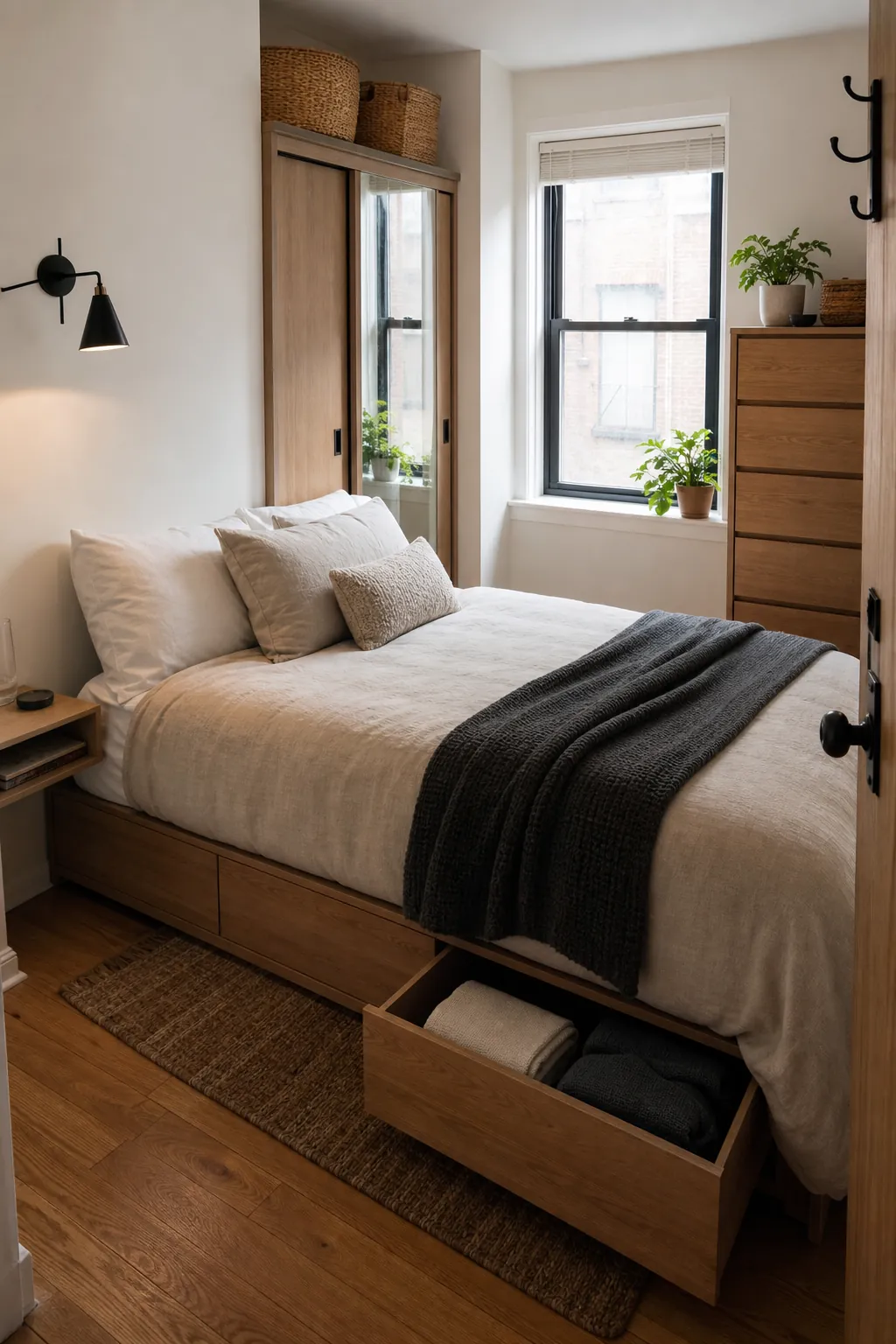 Adult small bedroom with practical storage bed, closet organization, and calm compact layout