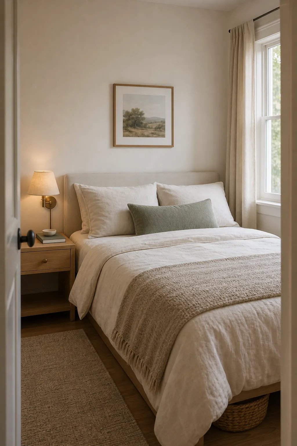Small bedroom decor with a neutral bed, clear nightstand, and minimal warm styling