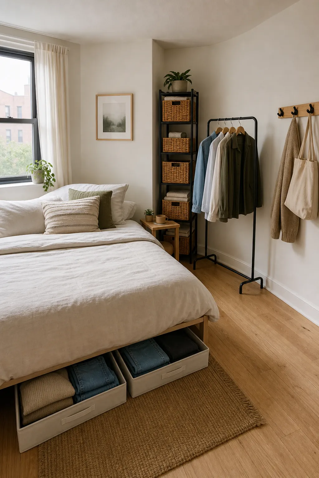 Small bedroom organized without a dresser using under bed bins shelves and hooks