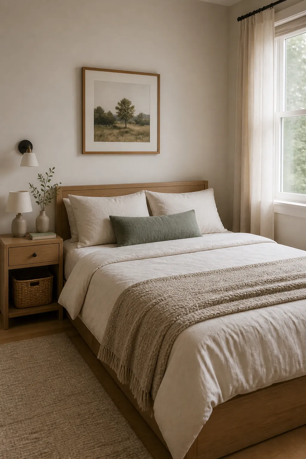 Small bedroom styled with minimal decor, soft textures, and warm neutral bedding