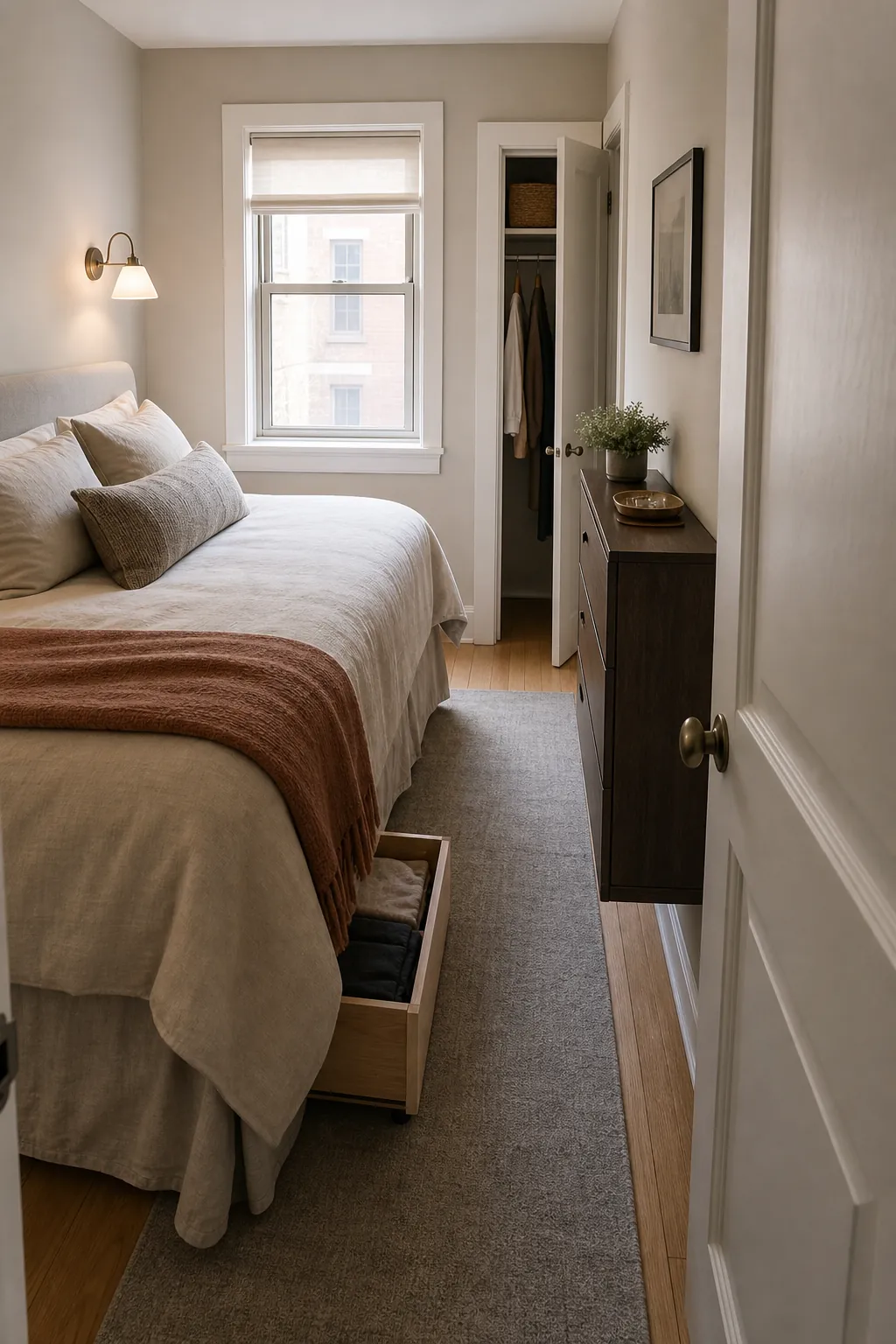 Adult small bedroom with a storage bed and calm neutral bedding