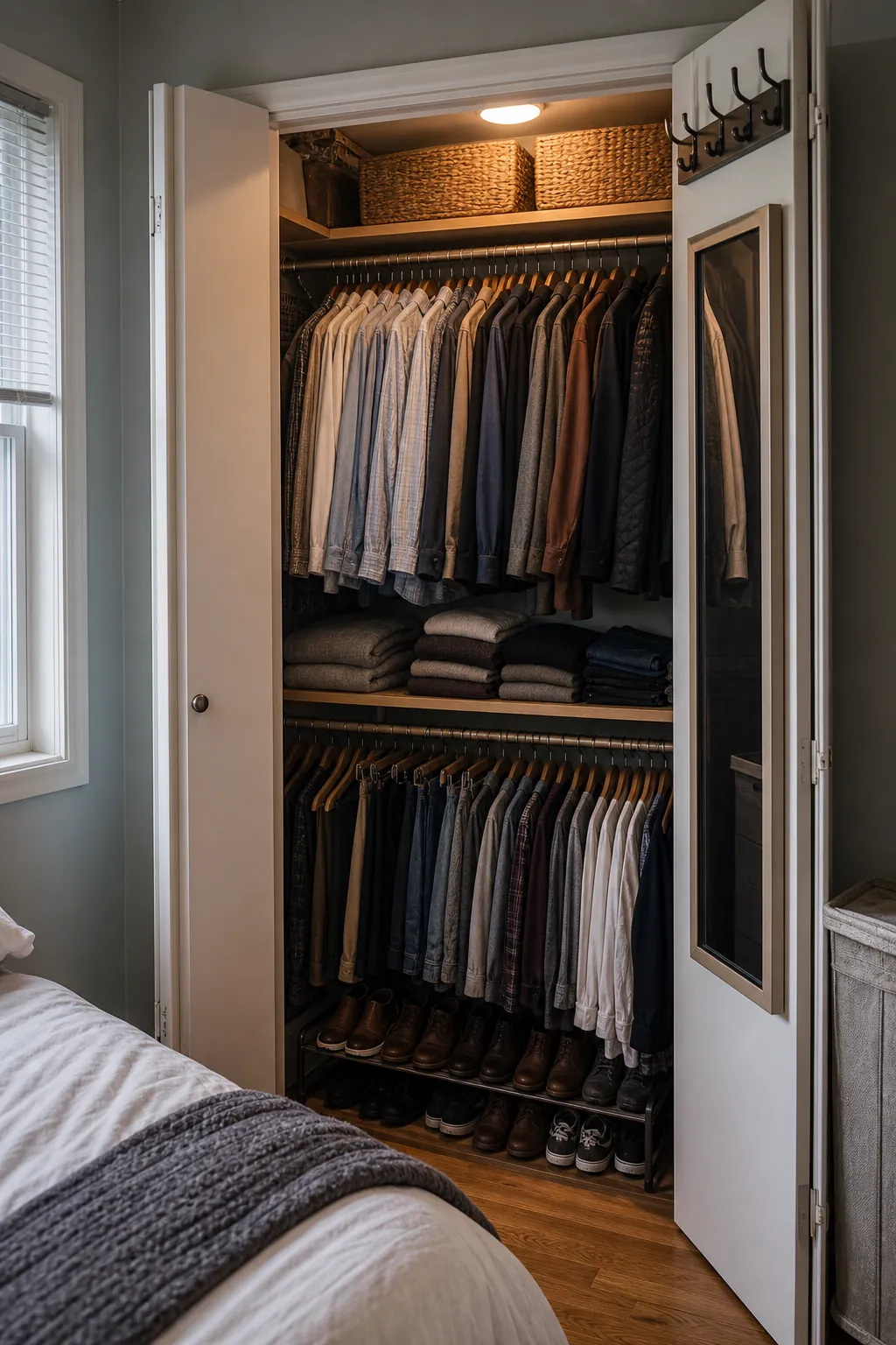 Organized small bedroom closet with shelves, baskets, hanging clothes, and compact storage