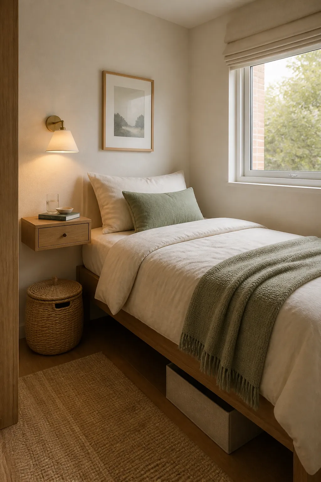 Functional decor in a small bedroom with wall lighting, a lidded basket, and a clean bedside surface