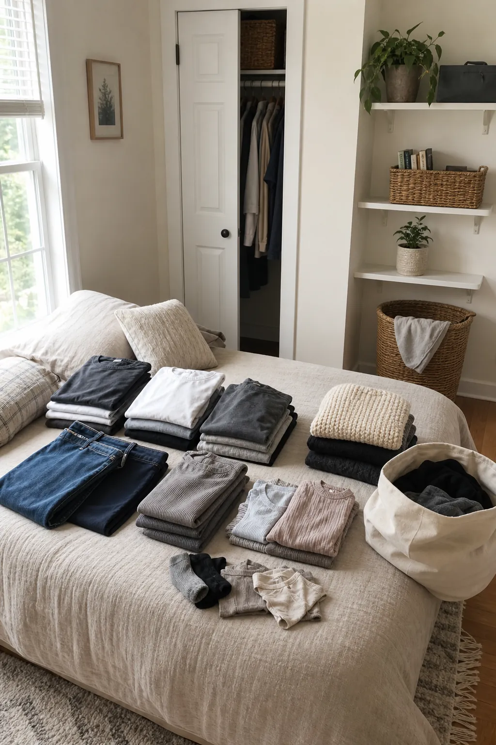 Small bedroom clothes audit with folded clothing sorted into keep donate and storage piles