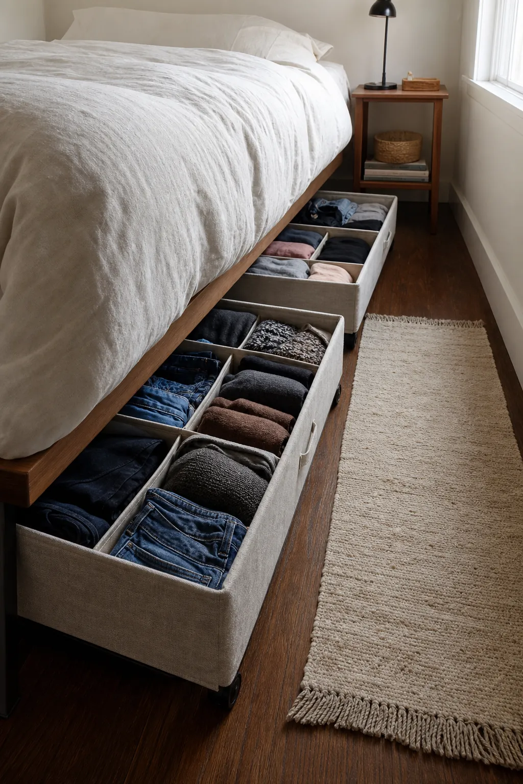 Under bed storage bins used for folded clothes in a compact bedroom