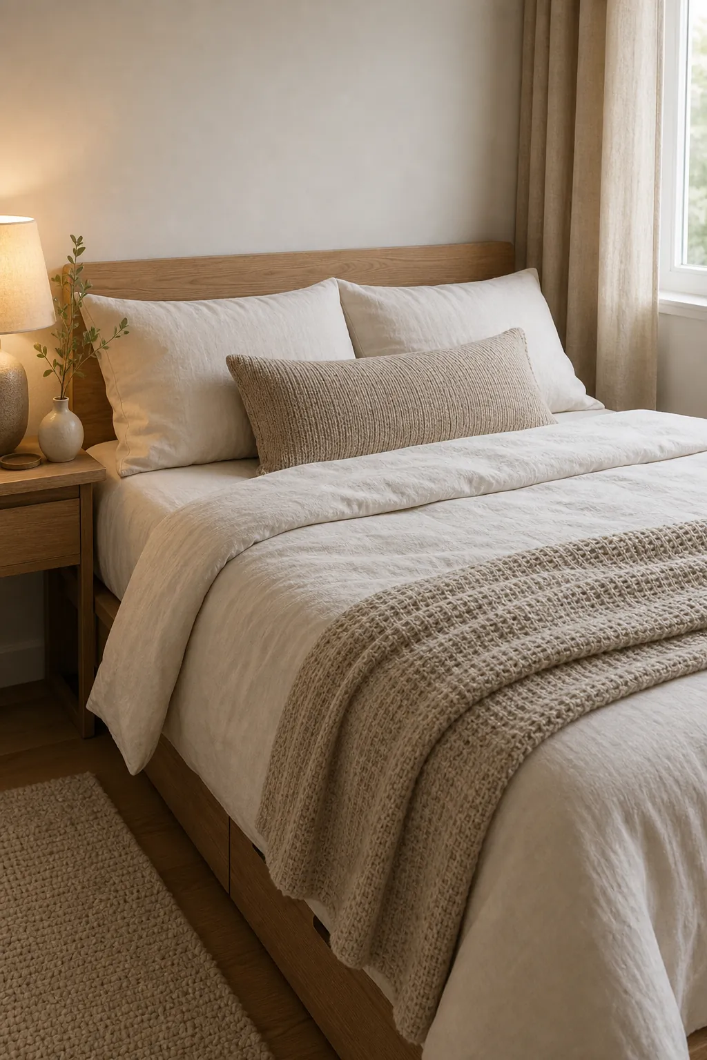 Minimal small bedroom bed styling with layered neutral bedding and soft textures