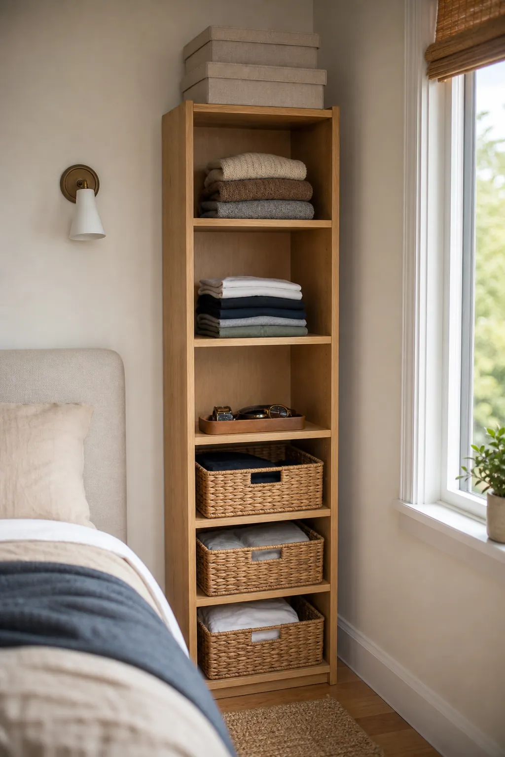 Tall narrow shelf with woven baskets replacing a dresser in a small bedroom