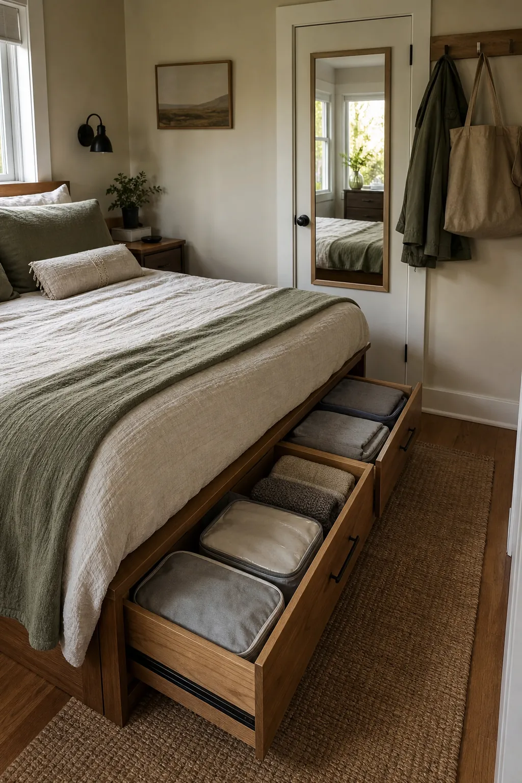 Under bed drawers organized with clothing and spare bedding in a small adult bedroom