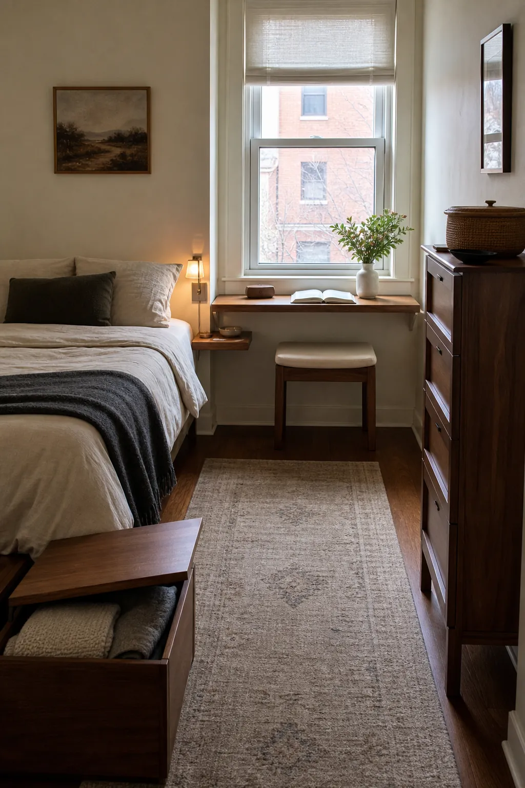 Compact bedroom furniture with storage bench, narrow nightstand, and organized surfaces