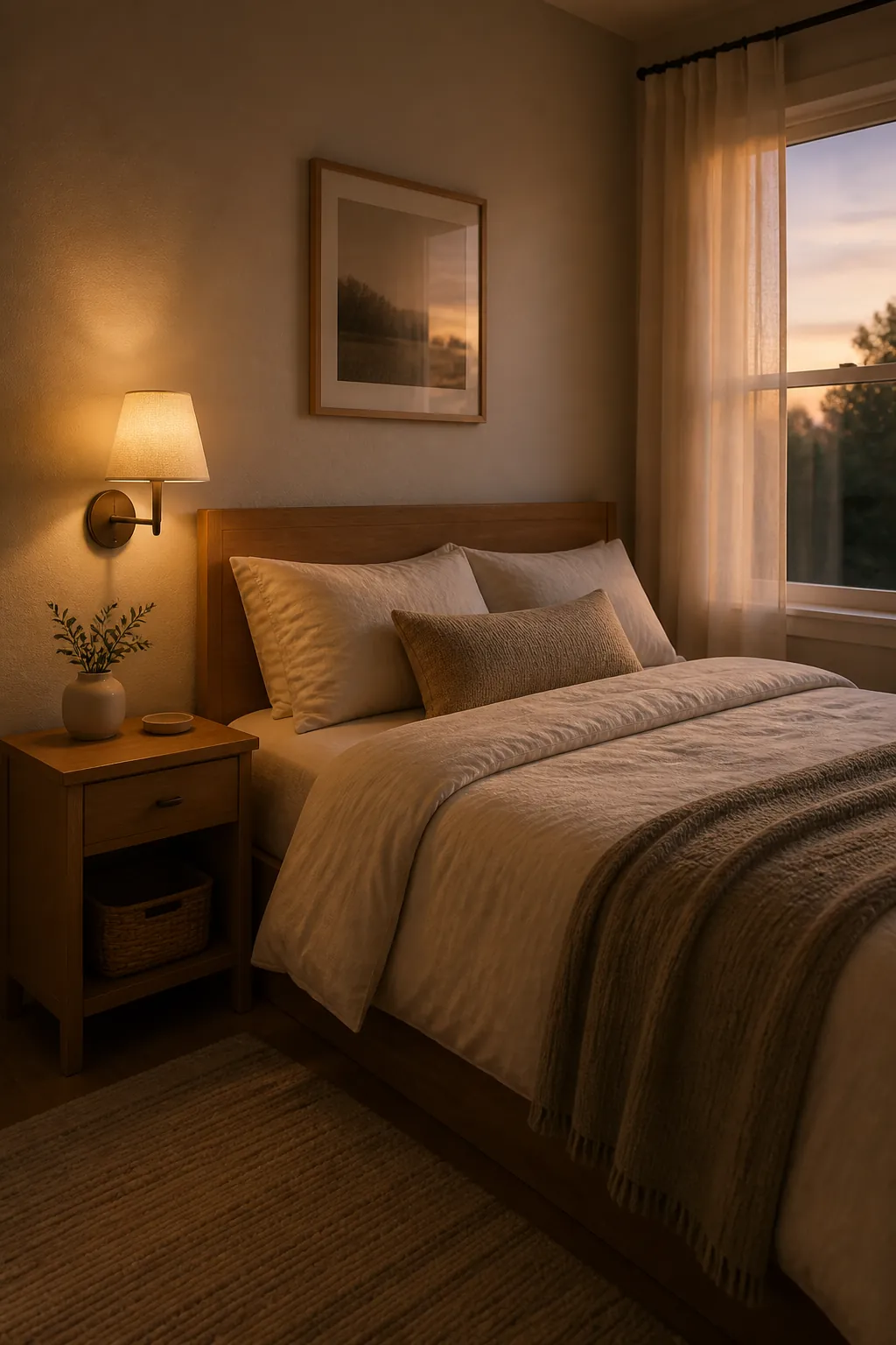 Cozy small bedroom lighting with warm bedside glow and minimal decor