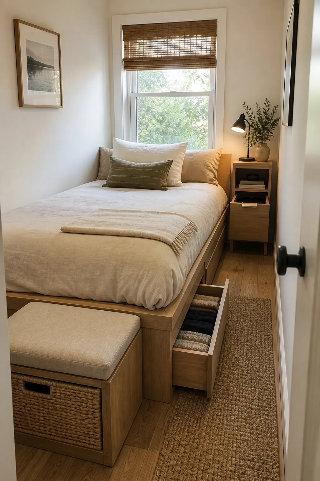 Small bedroom with storage bed and compact nightstand replacing dresser storage