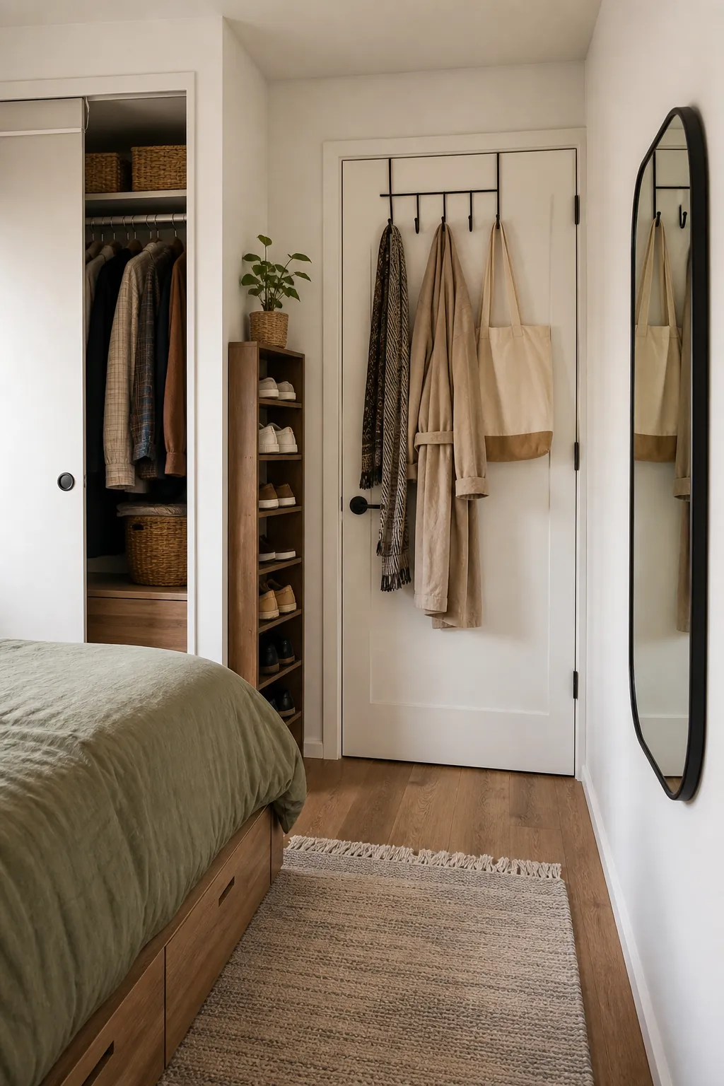 Organized adult small bedroom layout with storage zones and clear walking space