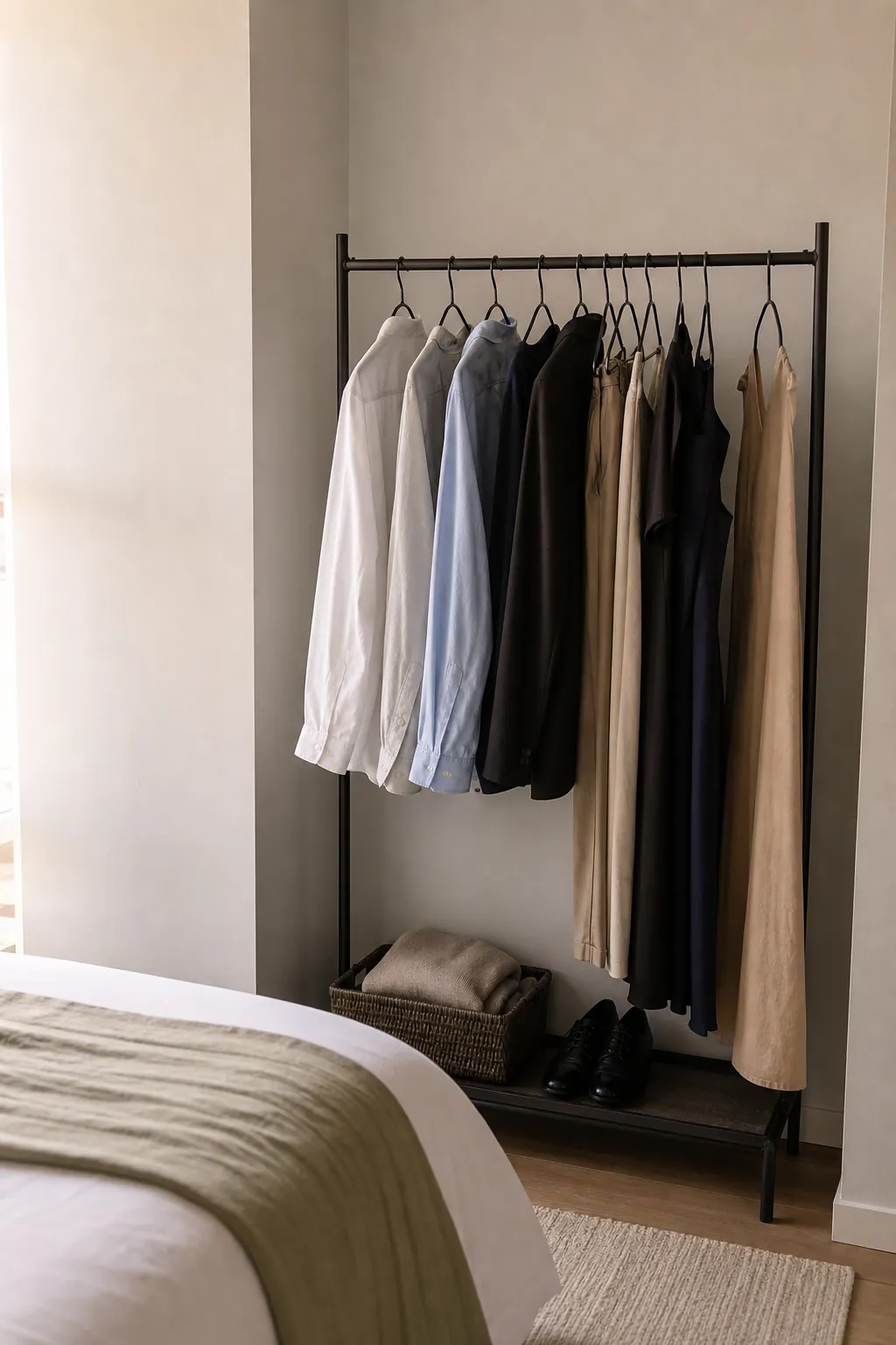 Slim garment rack used as a mini open closet in a small bedroom