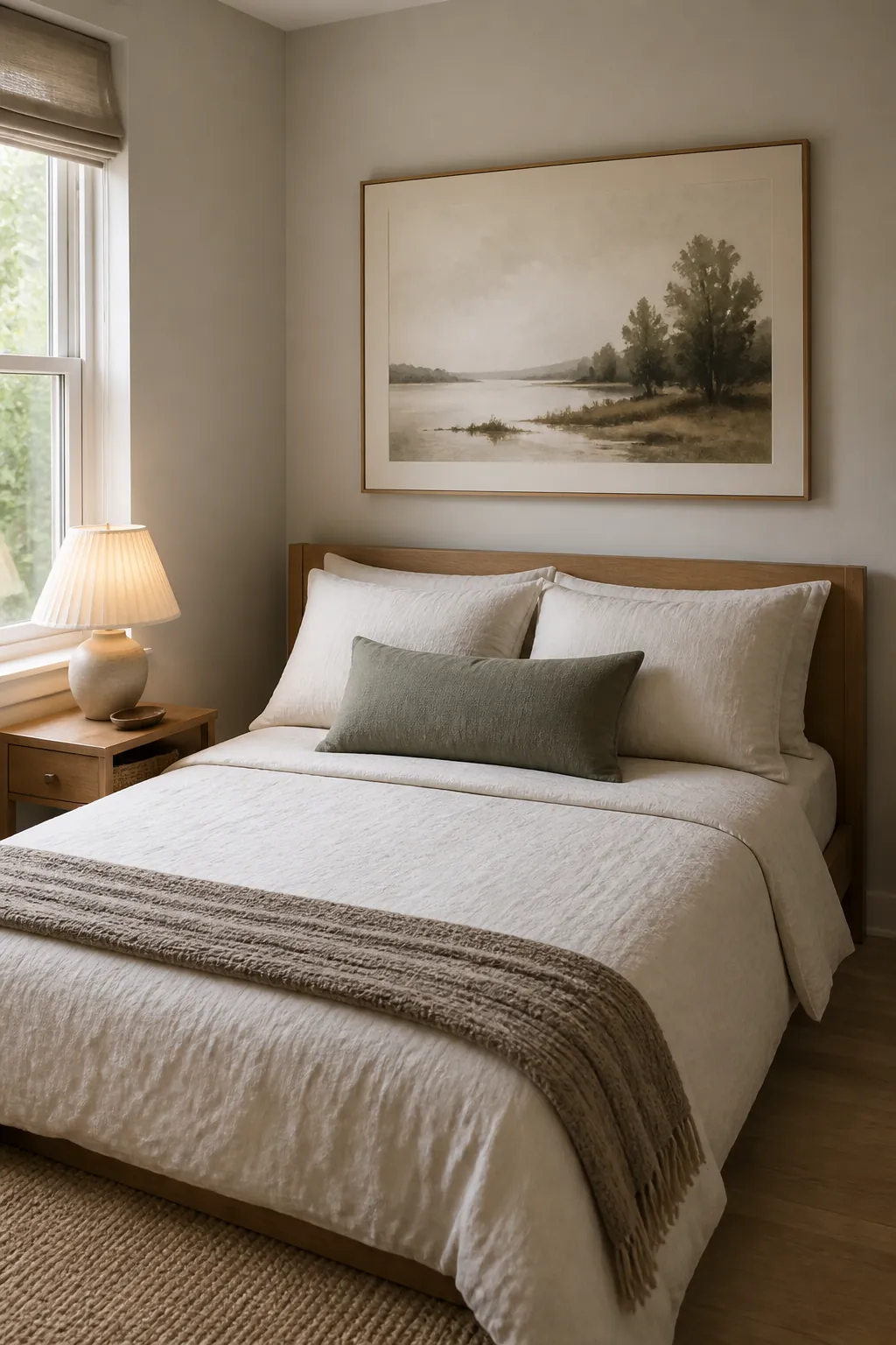 Small bedroom with simple wall art above the bed and calm neutral styling