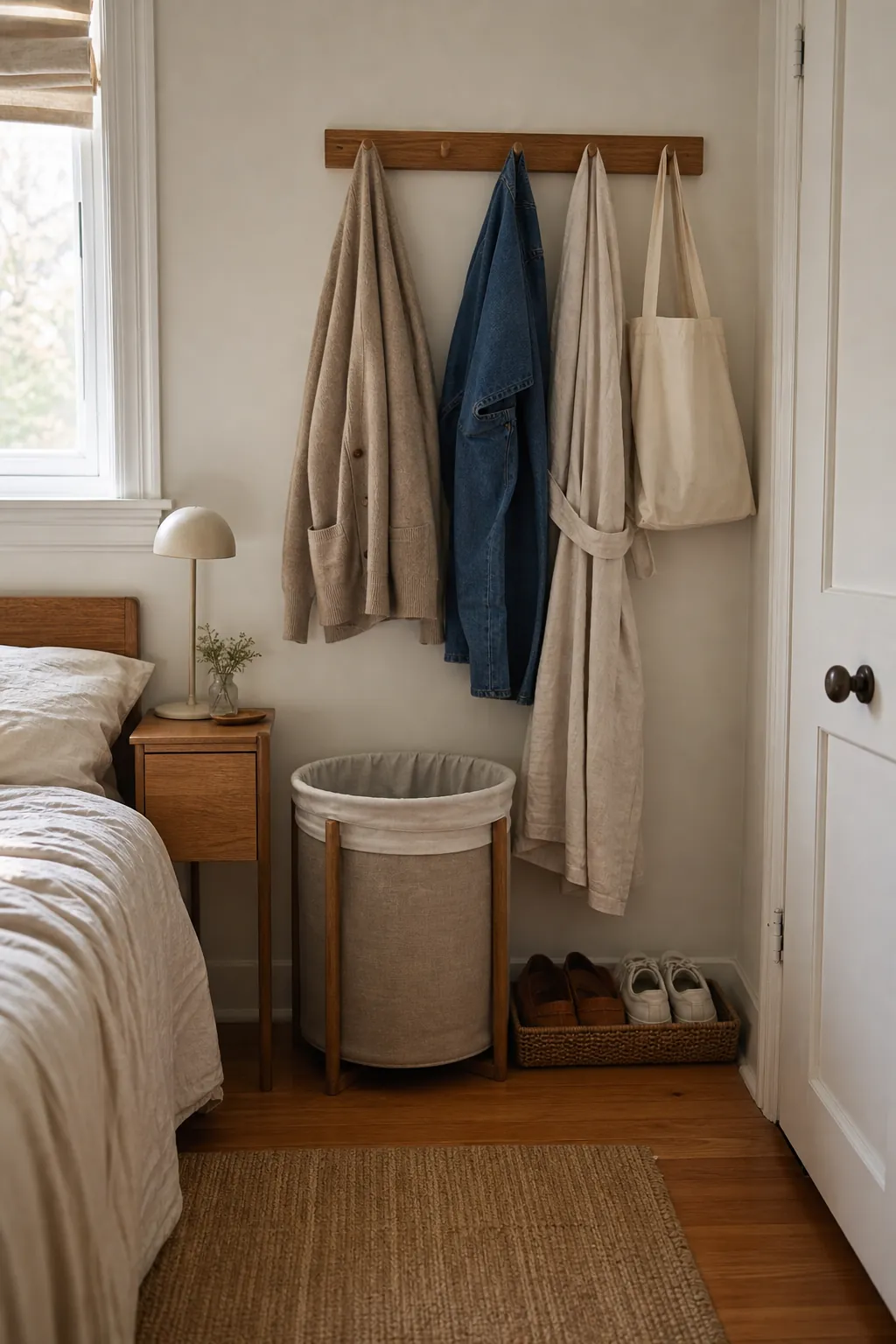 Wall hooks and peg rail organizing worn once clothes in a small bedroom