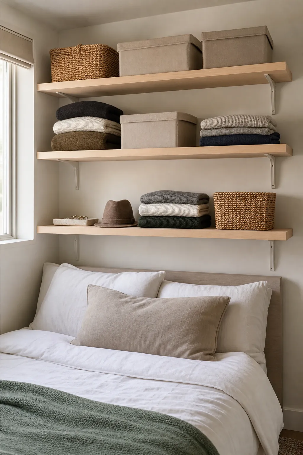 Wall shelves above a bed holding baskets and folded clothing in a compact bedroom
