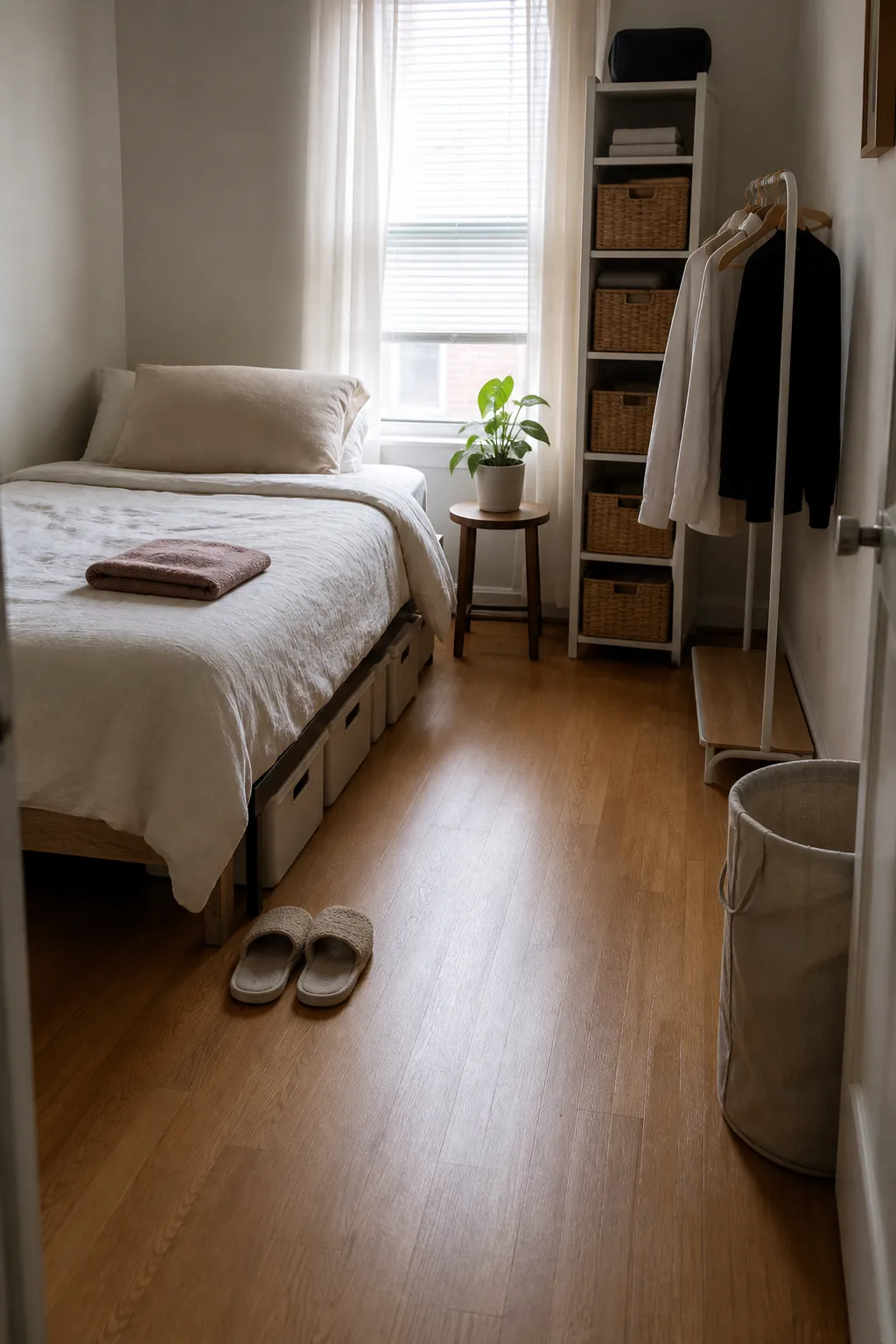 Organized small bedroom after a weekly reset with labeled bins and clear floors