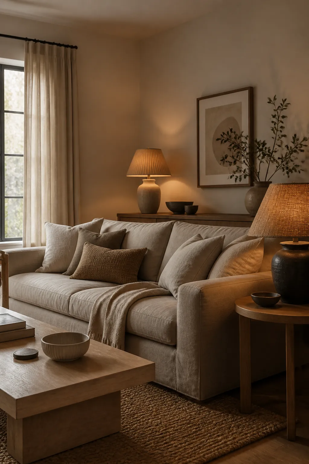 Layered table and floor lamps around a linen sofa in a cozy natural living room