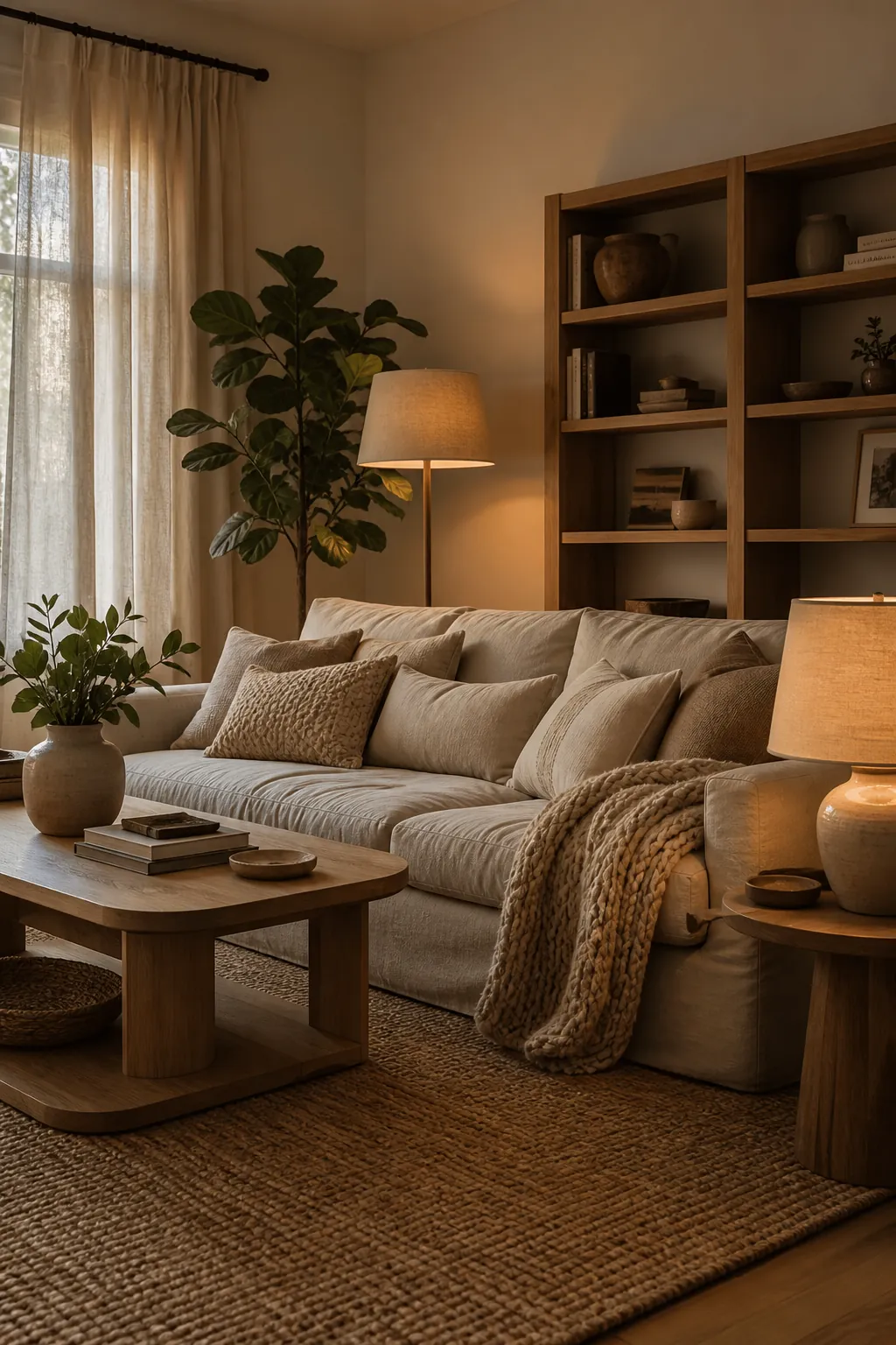 Natural living room with soft layered lighting, linen sofa, wood decor, and neutral home decor