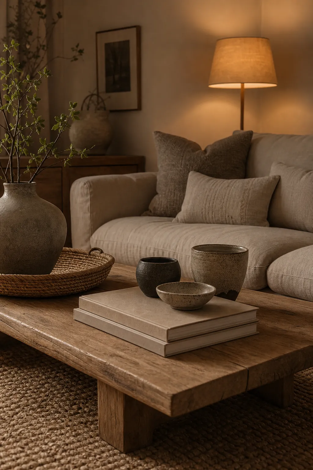 Textured oak coffee table, jute rug, ceramics, and soft lamp light in a neutral living room