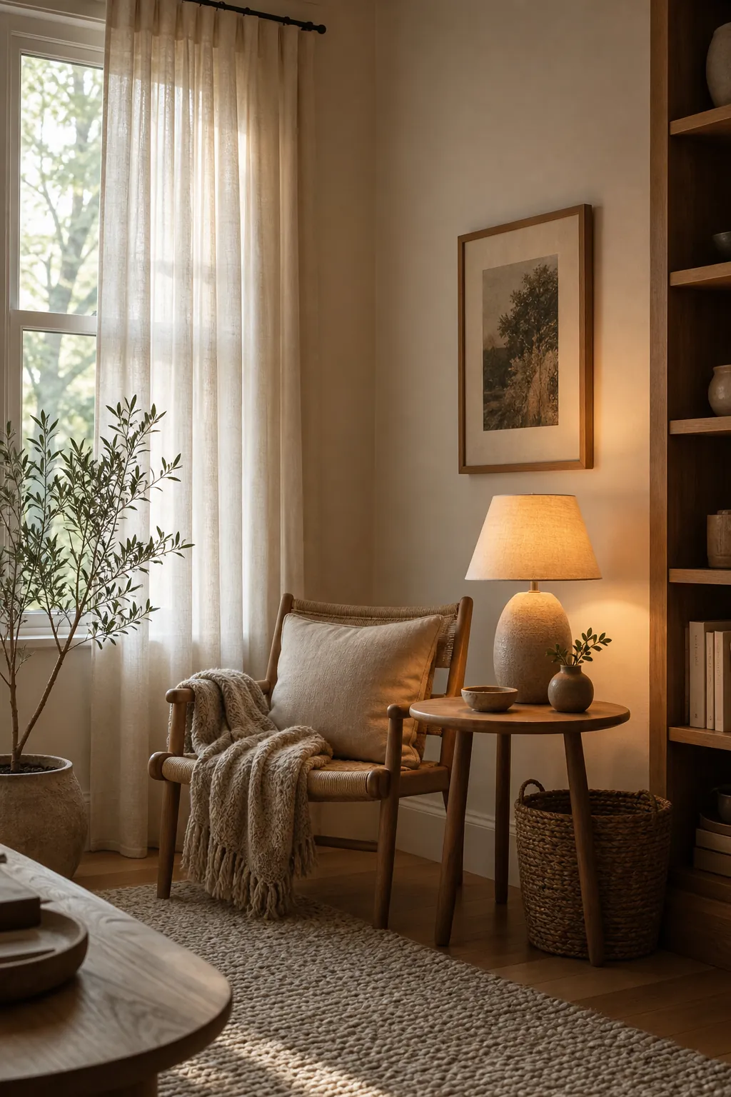 Natural living room reading corner with sheer curtains, wood chair, and warm table lamp